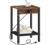 HOOBRO Mesa Auxiliar con Estación de Carga, Mesa de Centro con 2 Puertos USB y Enchufe, Mesa de 2 Niveles, Mesita de Noche con Ribete de Ratán, Dormitorio, Salón, Marrón Rústico y Negro EBF91CBZ01