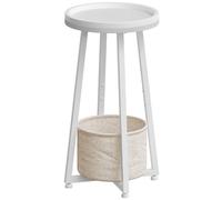 HOOBRO Mesa Auxiliar Redonda de 2 Niveles, Mesita de Noche Pequeña con Borde Elevado, con Cesta de Tela Beige para Espacios Pequeños, Sala de Estar, Dormitorio, Piso, Blanco EWW183BZ01
