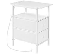 HOOBRO Mesita Auxilar con Base de Carga, Mesa Auxiliar Estrecha, Mesilla de Noche con 2 Cajones en Tejido no Textil, Mesa Auxiliar de Sofá Estrecha para Espacios Reducidos, Blanco EWT486CBZ01