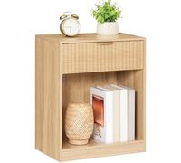 HOOBRO Mesita de Noche Acanalada con Estante y Cajón, Mesilla de Noche de Estilo Rústico con Tirador Metálico, Mesa Auxiliar para Dormitorio, Salón o Despacho, Madera Natural ENL208BZ01