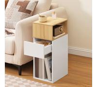 HOOBRO Mesita de Noche Estrecha con 1 Cajón y 2 Compartimentos Abiertos, Mesa Auxiliar Pequeña, Mesa Lateral para Sofá, para Dormitorio, Salón, Blanco y Natural EWN196BZ01