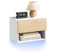HOOBRO Mesita de Noche Flotante con Tira LED RGB, Mesa Auxiliar de Pared con 1 Cajón y 1 Compartimento, Mesa de Sofá, para Dormitorio, Sala de Estar, Blanco y Natural EWN202DBZ01