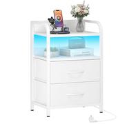 HOOBRO Mesita de Noche, Mesa Auxiliar con 2 Cajones, con Estación de Carga y Luz LED Ajustable, Mesa de Sofá con Marco Metálico, para Dormitorio, Sala de Estar, Estudio, Blanco EWT021CDBZ01N1