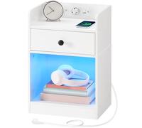 HOOBRO Mesita de Noche, Mesa Auxiliar con Estación de Carga y Luz LED, Cajones y Compartimento Semiabierto, Mesita de Sofá con 1 Toma y 2 Puertos USB, para Salón, Dormitorio, Blanco EWT18CDBZ01