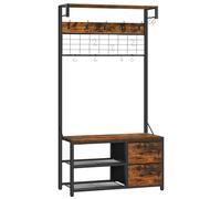 HOOBRO Perchero de Pie, Banqueta de Entrada con Perchero, Perchero de Pie con Asiento y Zapatero, Estantería de Recibidor con Ganchos y Cajones, para Entradas, Vintage Marrón y Negro EBF08MT01