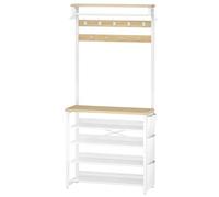 HOOBRO Perchero de Pie, Zapatero y Perchero 3 en 1, Repisas de Malla Metálica Ajustables, Bolsas Laterales Extraíbles, 4 Ganchos en S, para Entrada, Pasillo, Salón, Blanco y Natural EWN75MT01