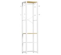 HOOBRO Perchero para Vestíbulo, Perchero Zapatero de Pie, Estantería para Entrada de una Pieza, 8 Ganchos y Barra para Colgar, Blanco y Madera Natural EWN04YM01