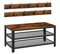 HOOBRO Perchero Zapatero, Perchero con Pared, 100 cm Perchero con Banco, 3 Estantes, 9 Ganchos, Gran Espacio de Almacenamiento, para Entrada Pasillo, Industrial, Marrón Rústico y Negro EBF171MT01