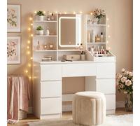 HOOBRO Tocador, con Espejo LED Regulable, Mesa de Maquillaje, 5 Estantes Abiertos y 7 Cajones, con Estación de Carga Integrada (2 Tomas CA, 1 USB-A, 1 Tipo C), para Vestidor, Habitación, Blanco