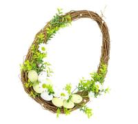 HOODANCOS Guirnalda de Ratán Decorativa de Pascua con Huevos Artificiales y Hojas Verdes, Colgante para Puerta y Pared, Decoración Primaveral Rústica para Interior y Exterior, 1 Unidad