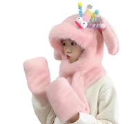 Hooded Scarf Hat, Plush Winter Hat, Winter Hat Scarf, Ear Protection Hats, Winter Hats with Jumping Ears and Hooded Scarf for Cold Weather Protection Cute Plush Winters Hats Scarfs