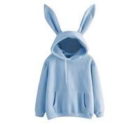 Hoodie Damen mit süßes Hasenohr Langärmiges Kapuzenpullover Kurz Solid Color Canguro taschen Hooded Sweatshirt Bunny Kapuzenpulli Mädchen Frauen Herbst Winter Langarmshirts mit Kapuze, azul claro, L
