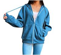 Hoodie Damen Oversize Reißverschluss Kapuzenpullover Damen Langärmiger Pullover mit Kapuze Einfarbig Basic Sweatshirt mit Taschen Pullover mit Einstellbarer Kordelzug Herbst Sweatpullover, azul, L