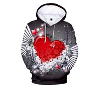 Hoodie Herren Valentinstag Sweatshirt Langarm Kapuzenpullover mit 3D Herz Druck Loose Fit Kapuzenpulli bequem Kapuzenjacke Freizeit Tops Oversized Sweatjacke Streetwear, O gris., XXL