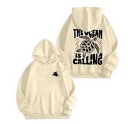 Hoodie Oversize Damen Hoodie Flowers Back Print Letters Sweatshirt mit Pockets Drawstring Pullover Harajuku Elegant Coat Loose Sport Basic Lightweight Long Sleeve Shirt Baggy Casual Tops, O beige., M