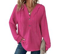 Hoodies for Women Waffle Knit Long Sleeve Drawstring Button V Neck Casual Pullover Sweatshirt, Women's Knitted Long Sleeve Casual Sweatshirt (Pink,5XL)