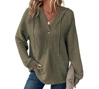 Hoodies for Women Waffle Knit Long Sleeve Drawstring Button V Neck Casual Pullover Sweatshirt, Women's Knitted Long Sleeve Casual Sweatshirt (Military Green,L)
