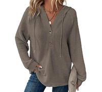 Hoodies for Women Waffle Knit Long Sleeve Drawstring Button V Neck Casual Pullover Sweatshirt, Women's Knitted Long Sleeve Casual Sweatshirt (Gray,3XL)