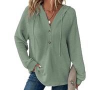 Hoodies for Women Waffle Knit Long Sleeve Drawstring Button V Neck Casual Pullover Sweatshirt, Women's Knitted Long Sleeve Casual Sweatshirt (Light Green,L)