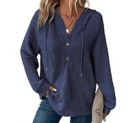Hoodies for Women Waffle Knit Long Sleeve Drawstring Button V Neck Casual Pullover Sweatshirt, Women's Knitted Long Sleeve Casual Sweatshirt (Navy Blue,XXL)