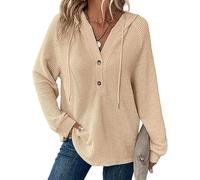 Hoodies for Women Waffle Knit Long Sleeve Drawstring Button V Neck Casual Pullover Sweatshirt, Women's Knitted Long Sleeve Casual Sweatshirt (Beige,M)