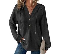Hoodies for Women Waffle Knit Long Sleeve Drawstring Button V Neck Casual Pullover Sweatshirt, Women's Knitted Long Sleeve Casual Sweatshirt (Black,XL)
