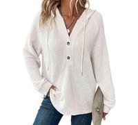 Hoodies for Women Waffle Knit Long Sleeve Drawstring Button V Neck Casual Pullover Sweatshirt, Women's Knitted Long Sleeve Casual Sweatshirt (White,XXL)