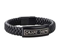HOOF Pulsera para hombre, de piel auténtica, color negro, trenzado con grabado CARPE DIEM, caja elegante, idea de regalo personalizada, día del padre, Navidad, amigos, pareja, hasta XXXL, 24
