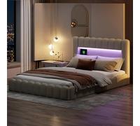 HOOGDLJ Cama Tapizada Bubble de 180 x 200 cm, Cama Doble con Canapé y Somier Cama Hidráulica con Iluminación Led y USB Estructura de Cama para Adultos y Adolescentes, Color Beige Lino