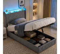 HOOGDLJ Cama tapizada individual de 90 x 200 cm, espacio de almacenamiento con LED y USB, cama infantil con espacio de almacenamiento hidráulico, cabecero con somier, terciopelo, sin colchón (gris-K)