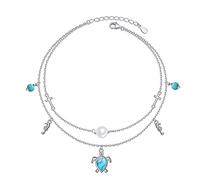 HOOHWE Tobillera de plata de ley S925 con diseño de tortuga marina, mal de ojo, corazón, infinito, cruz, para mujeres y niñas, pulsera de tobillo ajustable de doble capa, joyería de cadena de pie,