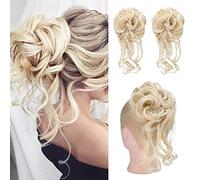 HOOJIH Messy Bun Hair Piece, 2PCS Tousled Updo with Tendrils Hair Bun Extensions Wavy Curly Hair Wrap Ponytail Hairpieces Thick Hair Scrunchies for Women HB010 Dasiy - Cool Light Blonde