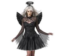 Hook Juego de 6 disfraz de ángel negro para mujer, disfraz de ángel de diablo, con falda tutú, aureola, varita mágica y medias para Halloween, carnaval, cosplay, disfraz (negro)