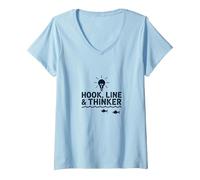 Hook Line & Thinker Niños Pesca Inteligente Angler Humor Camiseta Cuello V, Mujer, Azul Bebé, L