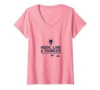 Hook Line & Thinker Niños Pesca Inteligente Angler Humor Camiseta Cuello V, Mujer, Rosado, M
