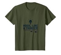 Hook Line & Thinker Niños Pesca Inteligente Angler Humor Camiseta, Niños, Verde Oliva, 3 años