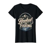 Hooked On Fishing Mountain Lake Angler Design Camiseta gráfica económica, Mujer, Negro, S