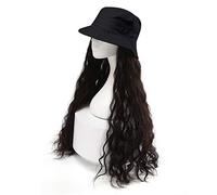 HOOLAZA Sombrero de cubo negro de las mujeres con pelucas rizadas rizadas largas de color marrón oscuro 2 en 1 peluca de onda larga y rizada sombrero de 24 pulgadas de pelo largo femenino pelucas de