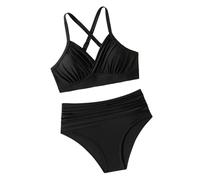 HOOLRZI Conjunto de traje de baño fruncido de dos piezas para mujer, cuello en V, traje de baño push up, cintura alta con braguitas de cintura alta, traje de baño ajustable con lazo lateral