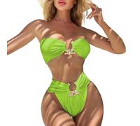 HOOLRZI Conjunto elegante de ropa de playa de cintura alta de 2 piezas, diseño sin tirantes y detalles de metal, traje de baño dividido para reuniones de piscina, trajes de baño divididos