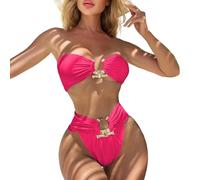 HOOLRZI Conjunto elegante de ropa de playa de cintura alta de 2 piezas, diseño sin tirantes y detalles de metal, traje de baño dividido para reuniones de piscina, trajes de baño divididos