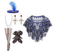 HOOLRZI Elegante conjunto de traje de fiesta de los años 20 con chal de noche con lentejuelas y accesorios para mujer, gran tema