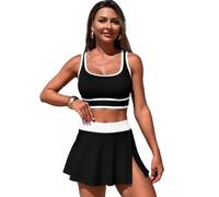 HOOLRZI Traje de baño de dos piezas para mujer, de cintura alta, con falda, cuello redondo, con falda y pantalones cortos