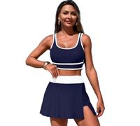 HOOLRZI Traje de baño de dos piezas para mujer, de cintura alta, con falda, cuello redondo, con falda y pantalones cortos