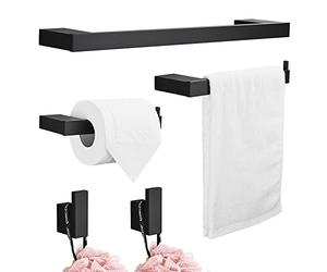 Hoomtaook 5 Piezas Toalleros de Baño, Accesorios Baño Papel Higiénico Instalación de Punzón de Superficie Acabado Negro, 2 Ganchos
