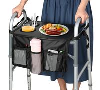 HOOMTREE Bandeja para andador plegable, bandejas para personas mayores desmontables con portavasos, bandejas para andadores plegables rodantes, accesorios para ancianos (negro con bolsillos 2.0)