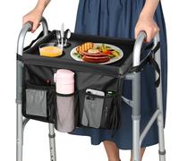 HOOMTREE Bandeja para andador plegable, bandejas para personas mayores desmontables con portavasos, bandejas para andadores plegables rodantes, accesorios para ancianos (negro con deflectores)