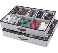 HOONEX Organizador de zapatos debajo de la cama con separadores ajustables, soporte para zapatos con asas de cuero, paquete de 2, almacena 24 pares en total, color gris