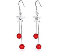 Hoop Earrings for Women,Stylish Five-Pointed Star Long Tassel Ear Hook Ladies Red Pearl Earrings Ear Jewelry/