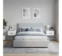 Hoopleep «Mesita de noche montada en la pared, 2 unidades, blanco brillante, material de madera, 34,5 x 33 x 20 cm, con cajón y compartimento, ahorra espacio para dormitorio, habitación de invitados